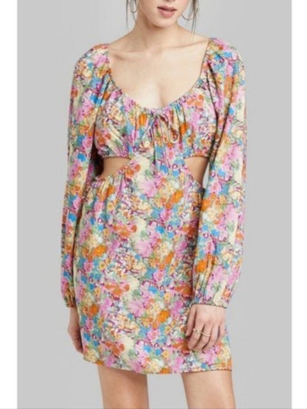Wild Fable Cutout Linen Blend Dress Multicolored Floral Long Sleeve Women's XS